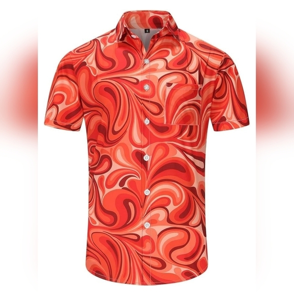 KYKU Men's Button Down Hawaiian Short Sleeve Shirt, One Pocket | Orange & White - Picture 3 of 9